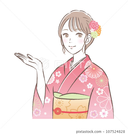 Illustration of a gorgeous young woman in a kimono or long-sleeved kimono posing here: Coming-of-age ceremony/New Year's Day Illustration of a gorgeous young woman in a kimono or long-sleeved kimono posing here: Coming-of-age ceremony/New Year's Day 107524828