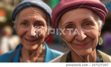 Happy elderly women twin sisters in caps are standing on the street, looking at the camera 107525307