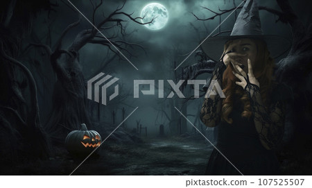 Scary halloween witch, jack lanterns pumpkins and grave marker, Generative AI 107525507
