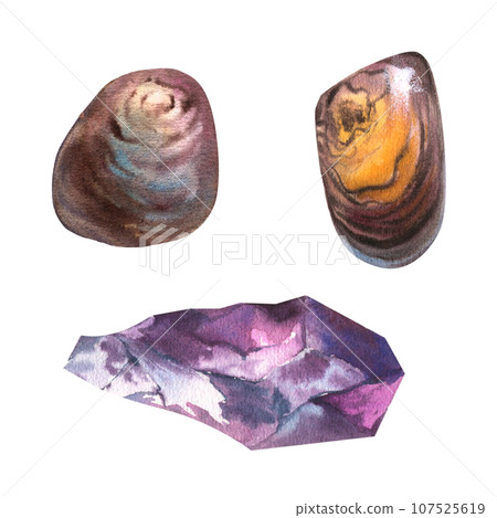 Watercolor Natural Gemstones collection agat, jasper, amethyst. Hand drawn illustration isolated on white background 107525619