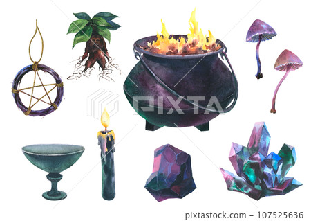 Watercolor magic elements, Witch Cauldron, candle, pentagram symbol and crystal. Hand painted illustration of Caldron with fire for Halloween clip art. Isolated sketch on white background. 107525636