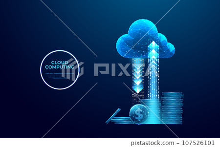 Digital cloud icon with arrows up and down and dollar coins tower.  107526101