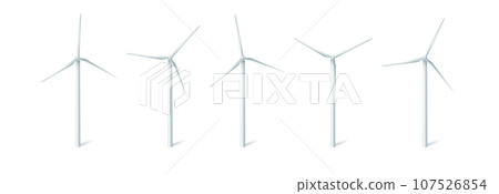 Wind turbines windmills energy power generators. White towers with long vanes for producing alternative eco energy. Vector 107526854
