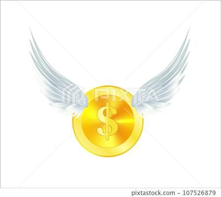 Flying golden coin with wings isolated on a white. 3D Vector Flying golden coin with wings isolated on a white. 3D Vector 107526879