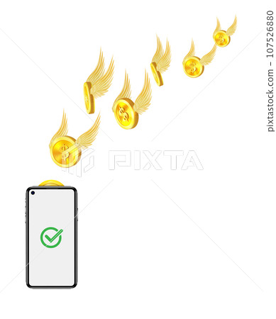 Cashback Flying golden coin with golden wings isolated on a white flying terminal. 3D Vector 107526880