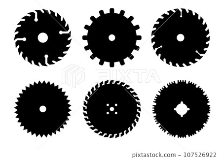 Circular saw blade. Silhouette of metal disc for woodwork. Round carpentry tool icons. Industrial rotary wheels.Vector 107526922