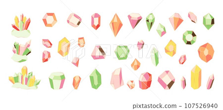 Shiny gems. Precious gemstone. Crystal and mineral. Magic stone. Jewel ruby or sapphire. Brilliant quartz shapes. Luxury diamond. Faceted crystalline. Topaz prism. Isolated jewelry elements vector set 107526940