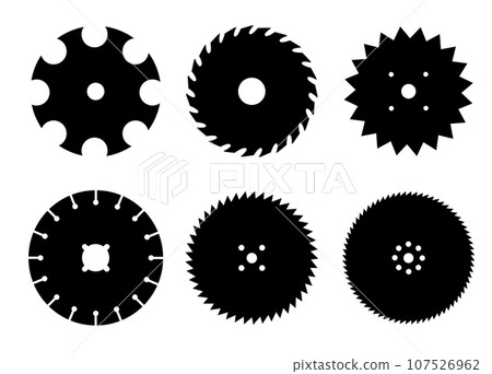 Circular saw blade. Silhouette of metal disc for woodwork. Round carpentry tool icons. Industrial rotary wheels.Vector Circular saw blade. Silhouette of metal disc for woodwork. Round carpentry tool icons. Industrial rotary wheels.Vector 107526962