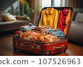 Packed suitcase with things on floor in apartment room 107526963