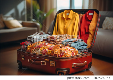 Packed suitcase with things on floor in apartment room Packed suitcase with things on floor in apartment room 107526963