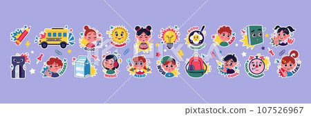 School stickers. Kid learning. Cute back to science icon. Study doodles. Happy children characters. Boy and girl faces. Fun education. Stationery or snacks. Books in backpack. Vector tidy elements set 107526967
