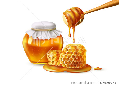 Honey jar and honeycomb. 3D bee comb. Wooden dipper with falling sweet liquid drops. Glass pot. Honeybee gold syrup. Beeswax drip. Beekeeping nectar product. Vector realistic exact natural dessert Honey jar and honeycomb. 3D bee comb. Wooden dipper with falling sweet liquid drops. Glass pot. Honeybee gold syrup. Beeswax drip. Beekeeping nectar product. Vector realistic exact natural dessert 107526975