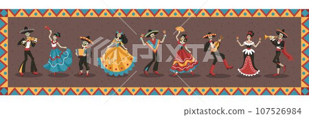 Mexican dead day. Mexico Halloween holiday. Muertos festival. Skulls and bones. Frida Kahlo dancing with Mariachi. Death Catrina poster. Skeleton musicians and dancers. Vector vintage tidy background 107526984