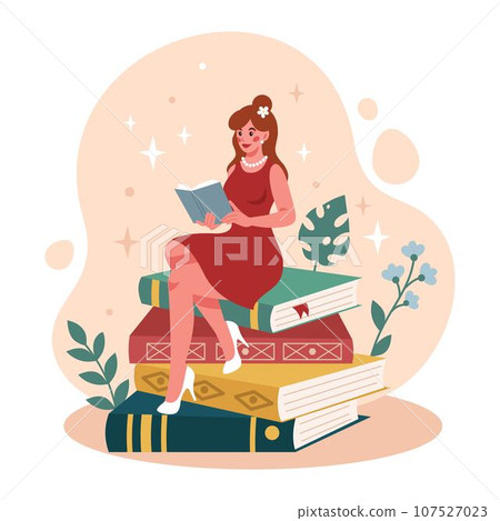 Woman reading book. Girl sitting on textbooks stacks. Pile of knowledges. Happy student learning. Beautiful female enjoying of literature. School science and education. Vector cartoon tidy concept Woman reading book. Girl sitting on textbooks stacks. Pile of knowledges. Happy student learning. Beautiful female enjoying of literature. School science and education. Vector cartoon tidy concept 107527023
