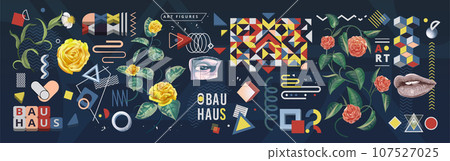 Bauhaus figures. Music design. Botanical leaves and flowers. Geometric art pattern. Memphis collage shapes. Mouth lips. Face eye. Minimal graphic cubes. Abstract elements set. Vector exact background Bauhaus figures. Music design. Botanical leaves and flowers. Geometric art pattern. Memphis collage shapes. Mouth lips. Face eye. Minimal graphic cubes. Abstract elements set. Vector exact background 107527025