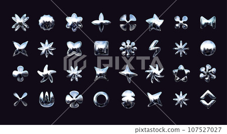 3D chrome shapes. Y2K flowers. Abstract silver holographic and geometric figures. Stars and crosses. Glossy metallic icons. Quicksilver lightning. Minimal mercury symbols. Vector graphic exact set 3D chrome shapes. Y2K flowers. Abstract silver holographic and geometric figures. Stars and crosses. Glossy metallic icons. Quicksilver lightning. Minimal mercury symbols. Vector graphic exact set 107527027
