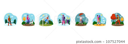 Woman walk. Seasons weather. Girl with rain umbrella. Happy young people in storm. Winter skiing. Autumn leaves falling. Stroll with dog. Summer surfing. Bike riding. Vector tidy illustrations set Woman walk. Seasons weather. Girl with rain umbrella. Happy young people in storm. Winter skiing. Autumn leaves falling. Stroll with dog. Summer surfing. Bike riding. Vector tidy illustrations set 107527044