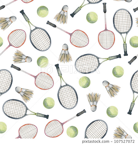 Hand drawn watercolor sports gear equipment, tennis and badminton racquet, ball and shuttlecock. Illustration isolated seamless pattern on white background. Design poster, print, website, card, shop 107527072