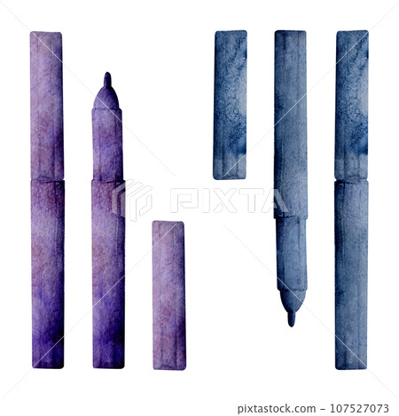 Watercolor hand drawn illustration, kids children painting materials supplies, mix color art markers pens stationery. Single object isolated on white. For school, kindergarten, party, shop, website 107527073