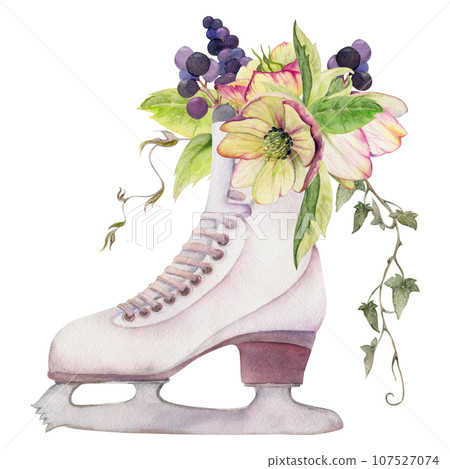 Hand drawn watercolor figure skating boots with flower compositions, winter sports footwear. Illustration isolated on white background. Design poster, print, website, card, invitation, shop brochure Hand drawn watercolor figure skating boots with flower compositions, winter sports footwear. Illustration isolated on white background. Design poster, print, website, card, invitation, shop brochure 107527074