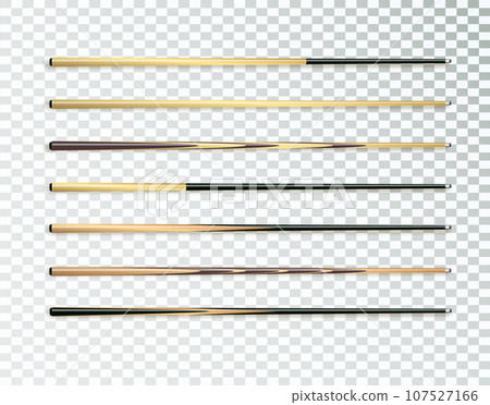 Cues for billiard, snooker realistic templates. Wooden sticks with various design for cuesports. Vector 107527166