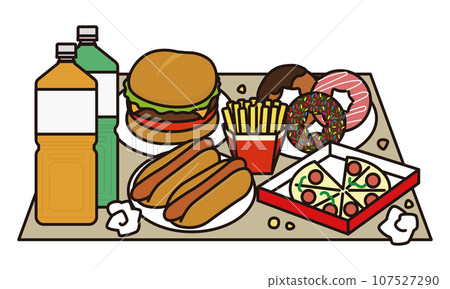 Illustration of a messy dining table with fast food 107527290