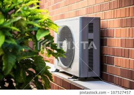 White modern heat pump mounted on the wall of a single-family house White modern heat pump mounted on the wall of a single-family house 107527457