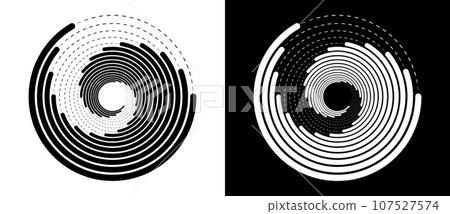 Abstract background with lines in circle. Art lines design spiral as logo or icon. Black lines on a white background and white lines on the black side. Abstract background with lines in circle. Art lines design spiral as logo or icon. Black lines on a white background and white lines on the black side. 107527574