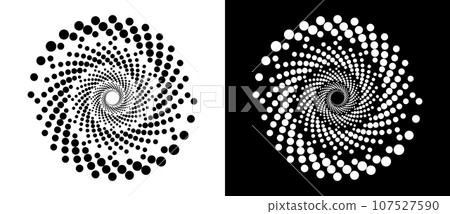 Circle with halftone black dots as advertising background or logo or icon. A black figure on a white background and an equally white figure on the black side. Circle with halftone black dots as advertising background or logo or icon. A black figure on a white background and an equally white figure on the black side. 107527590