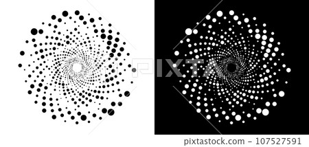 Circle with halftone black dots as advertising background or logo or icon. A black figure on a white background and an equally white figure on the black side. Circle with halftone black dots as advertising background or logo or icon. A black figure on a white background and an equally white figure on the black side. 107527591
