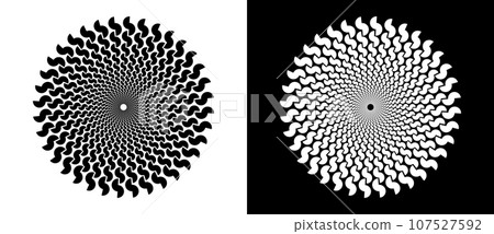 Abstract background with semicircles in circle. Art design spiral as logo or icon. A black figure on a white background and an equally white figure on the black side. Abstract background with semicircles in circle. Art design spiral as logo or icon. A black figure on a white background and an equally white figure on the black side. 107527592