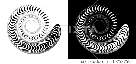 Abstract background with wavy lines in spiral. Art design spiral as logo or icon. A black figure on a white background and an equally white figure on the black side. Abstract background with wavy lines in spiral. Art design spiral as logo or icon. A black figure on a white background and an equally white figure on the black side. 107527593