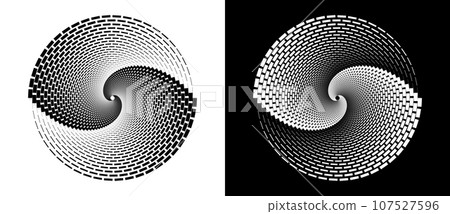 Abstract background with rectangles in circle. Art design spiral as logo or icon. A black figure on a white background and an equally white figure on the black side. Abstract background with rectangles in circle. Art design spiral as logo or icon. A black figure on a white background and an equally white figure on the black side. 107527596