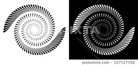 Abstract background with lines in circle. Art design spiral as logo or icon. A black figure on a white background and an equally white figure on the black side. Abstract background with lines in circle. Art design spiral as logo or icon. A black figure on a white background and an equally white figure on the black side. 107527598