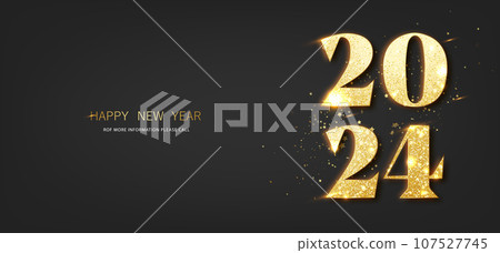 2024 greeting card with gold glitter numbers on dark background. Happy new year and merry christmas flyer or poster design. 107527745