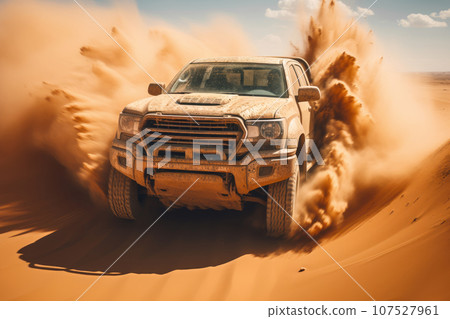Offroad car 4x4 Jumps out of a sand dune 107527961