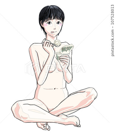 女孩坐在地板上吃冰淇淋 35 107528013