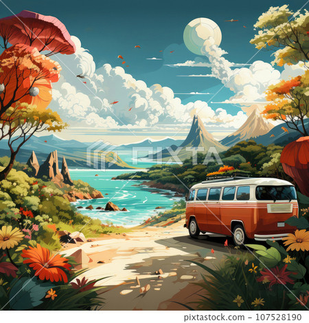 Retro minibus stands on the seashore, traveling on wheels 107528190