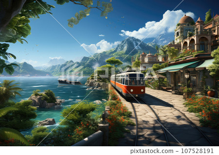 Train travels along the seashore against the backdrop of the urban landscape and the old town 107528191