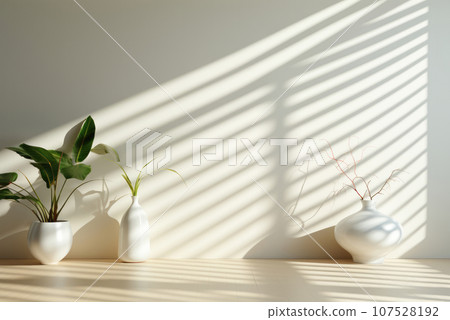 Vase with flowers and pots with indoor plants are white. against the background of a light wall with striped shadows Vase with flowers and pots with indoor plants are white. against the background of a light wall with striped shadows 107528192