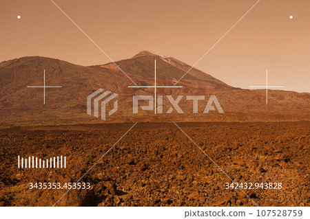 Planet landscape through viewfinder of Mars rover. Cosmic scene with desert, stone, sand  107528759