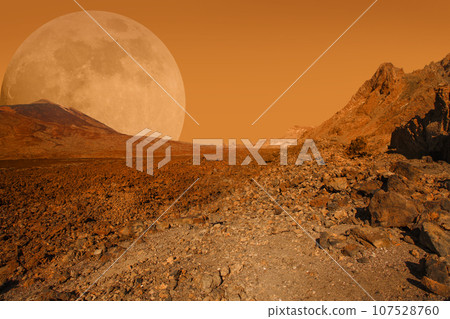 Red cosmic landscape. Mars planet scene with desert, stone, sand and sky background. Red cosmic landscape. Mars planet scene with desert, stone, sand and sky background. 107528760