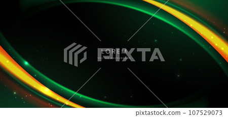 Abstract technology futuristic curved glowing neon green and yellow light ray on dark background with lighting effect. 107529073