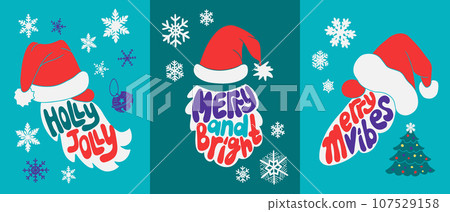 Set of Christmas groovy typographic illustrations Set of Christmas groovy typographic illustrations 107529158