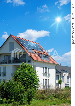 home with solar energy green plants and sunny blue sky 107529345