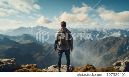 Young man traveler on a mountain summit enjoying freedom, back view Young man traveler on a mountain summit enjoying freedom, back view 107529401