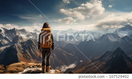 Young woman on a mountain summit enjoying freedom, back view. 107529402