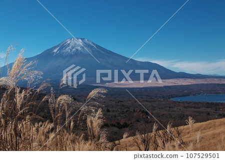 Lake Yamanaka and Mt. Fuji seen from the panorama platform in the morning Lake Yamanaka and Mt. Fuji seen from the panorama platform in the morning 107529501