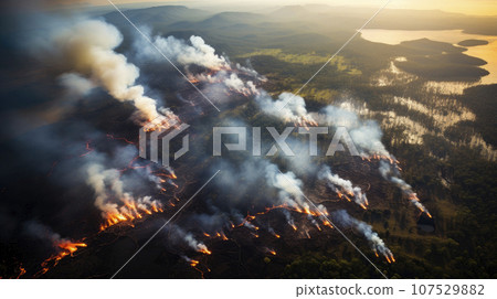 Aerial view of ecological disaster of wildfire in the tropical forest Aerial view of ecological disaster of wildfire in the tropical forest 107529882