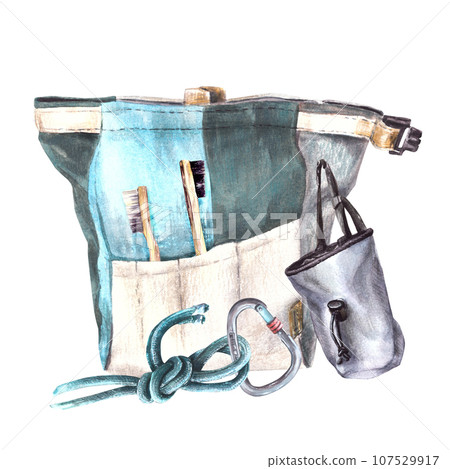 Bouldering, climbing bag with pockets, magnesium brushes, belt bag, rope with carbine. Sport equipment. Watercolor illustration isolated white background Design for stickers, magnet, cards, print logo Bouldering, climbing bag with pockets, magnesium brushes, belt bag, rope with carbine. Sport equipment. Watercolor illustration isolated white background Design for stickers, magnet, cards, print logo 107529917